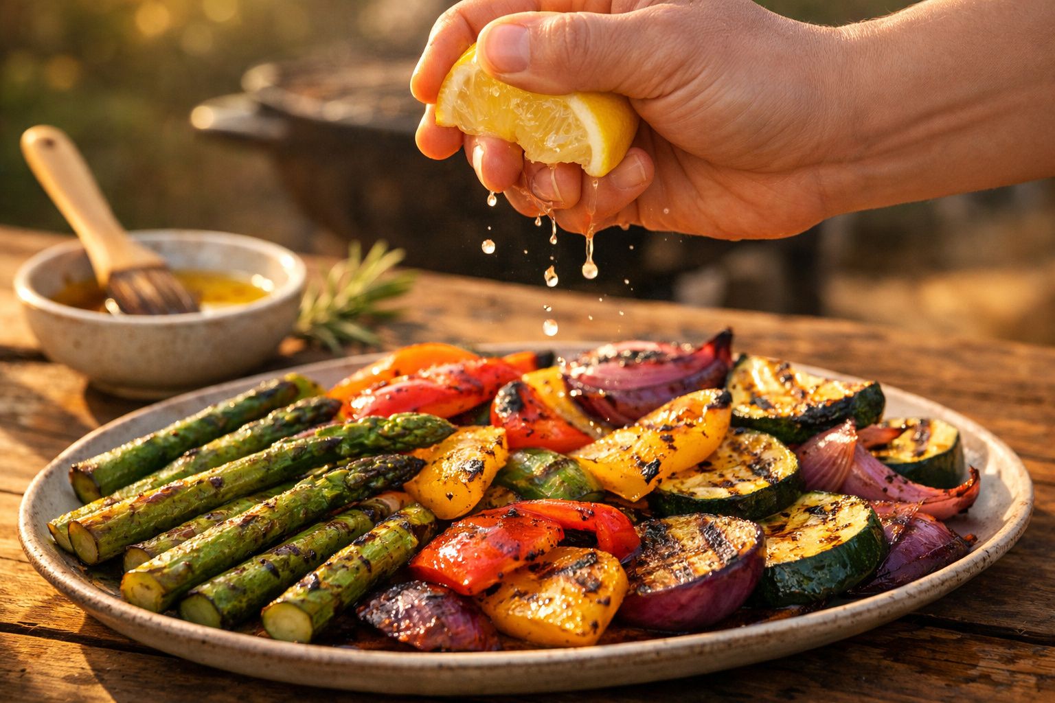 Mão espremendo limão sobre prato com legumes grelhados, incluindo espargos, pimentos, courgette e cebola roxa.