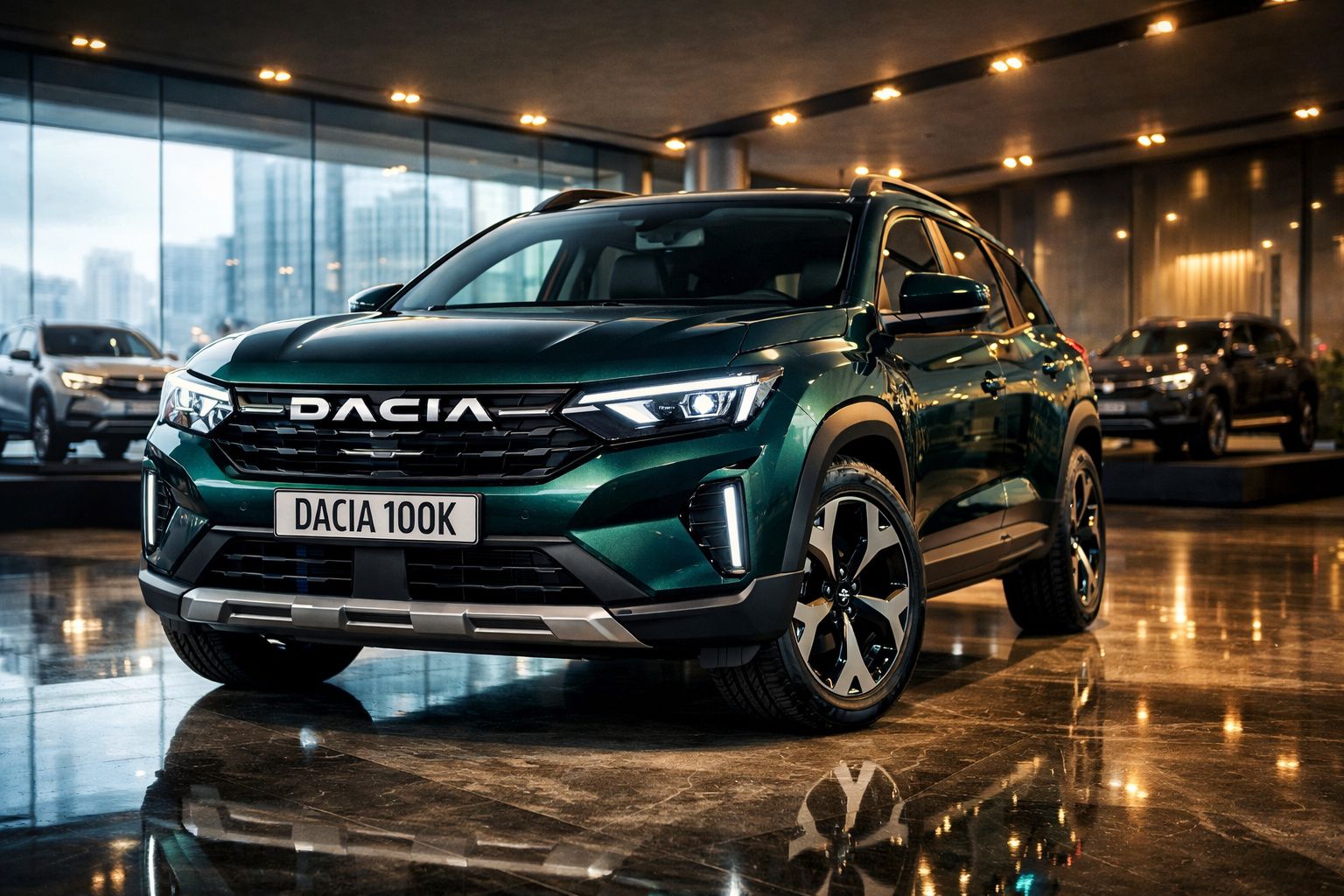 Carro elétrico Dacia 100K verde escuro apresentado num showroom moderno com chão refletor.