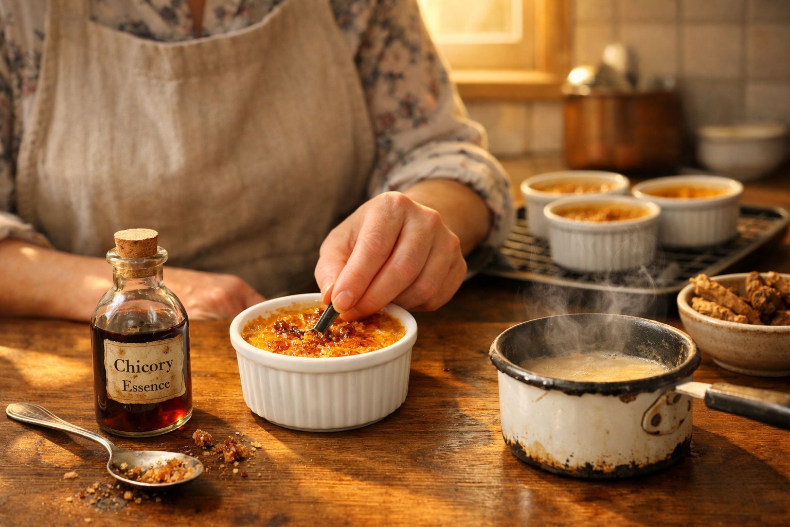 Pessoa a queimar açúcar da superfície de crème brûlée numa tigela branca, com garrafa de essência e panela ao lado.