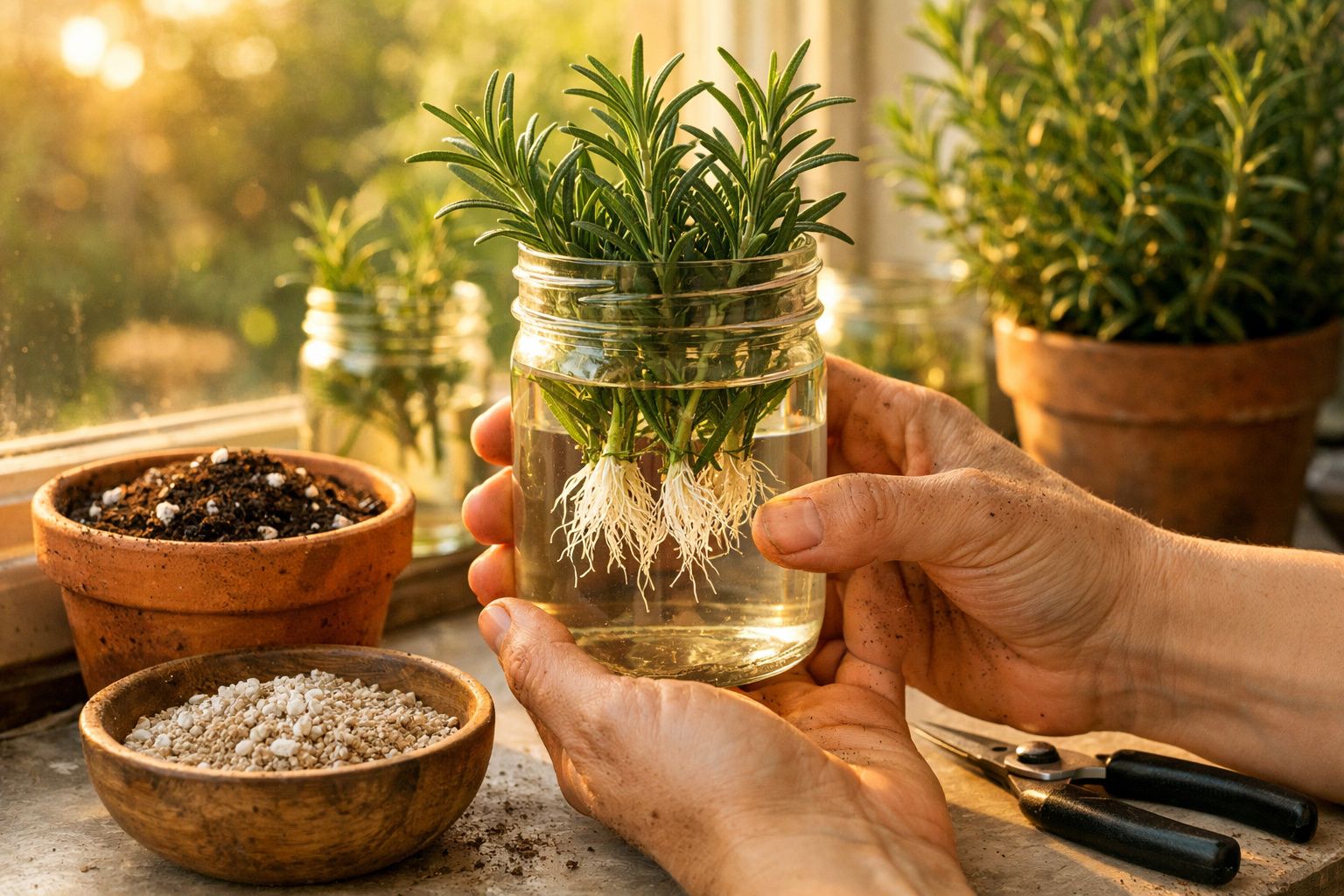 Mãos seguram frasco com plantas de alecrim e raízes visíveis, ao lado de terra e vaso, em janela ensolarada.
