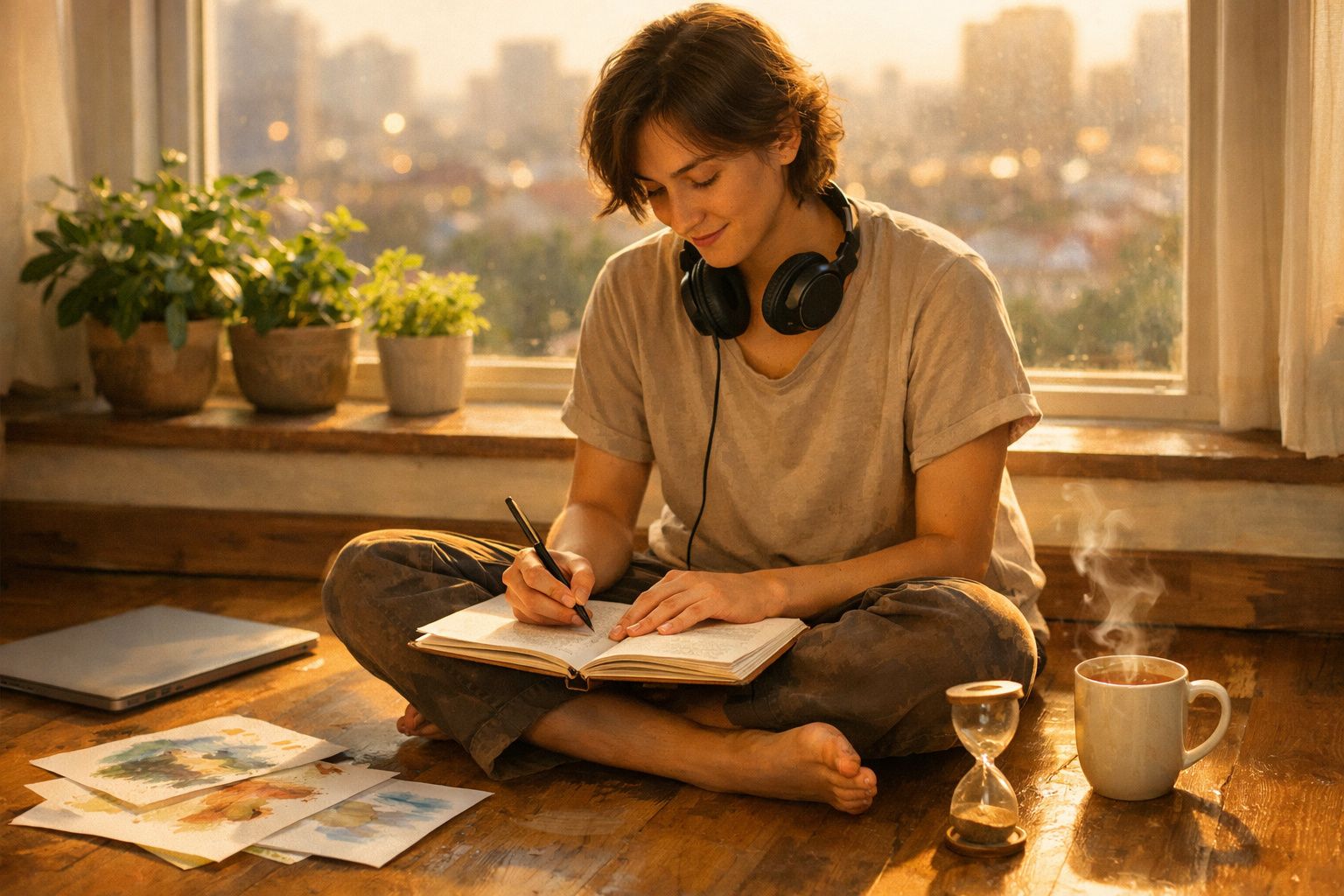 Pessoa sentada no chão junto a janela escreve em caderno com auriculares e chá quente ao lado.