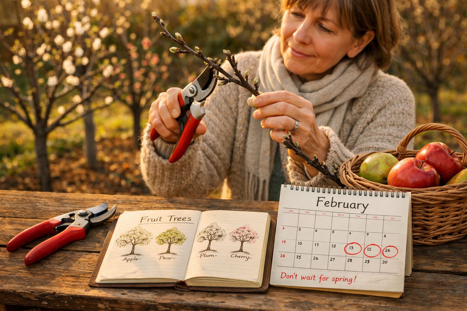 Mulher a podar ramo com tesoura de poda, livro de árvores frutíferas e calendário com datas marcadas.