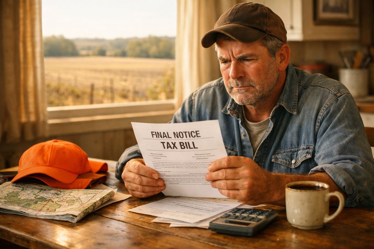 Homem preocupado a ler uma notificação final de imposto numa cozinha rústica com vista para campos.