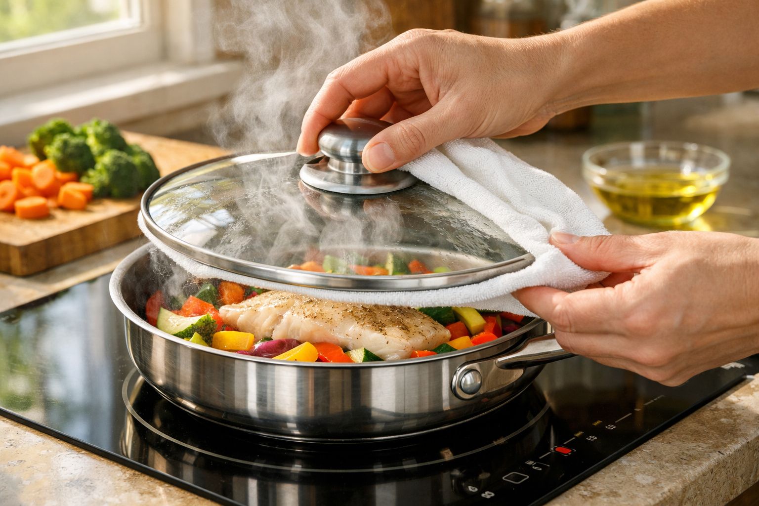 Mãos a levantar tampa de panela com peixe e legumes a cozinhar a vapor numa placa de indução.