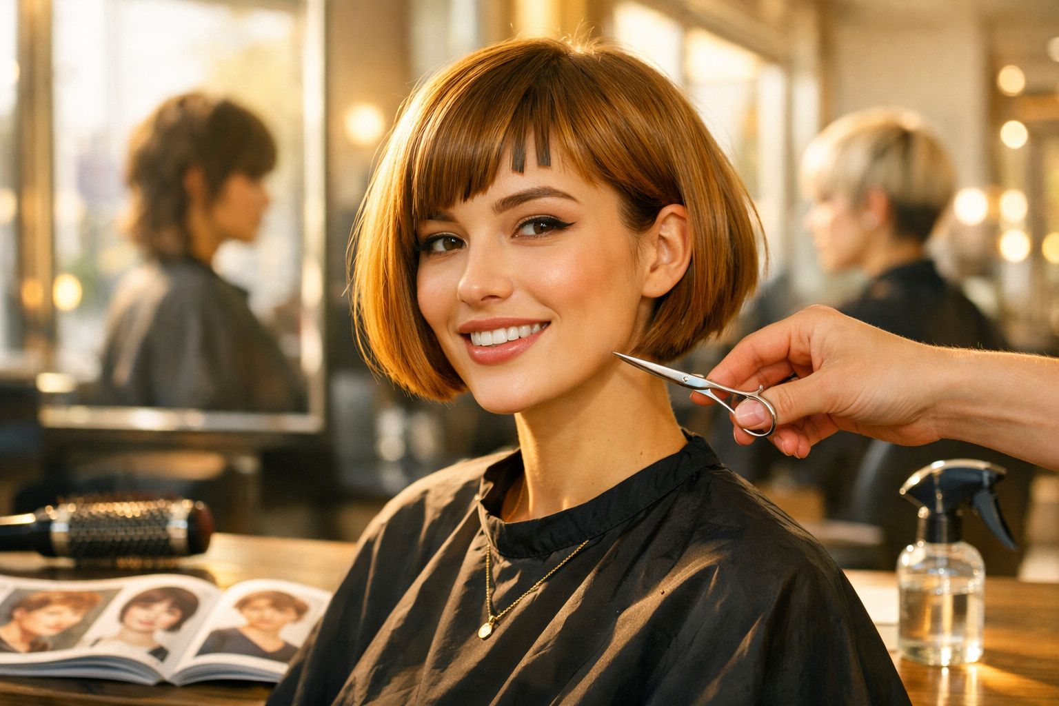 Mulher sorridente com cabelo curto castanho a ser cortado num cabeleireiro moderno.