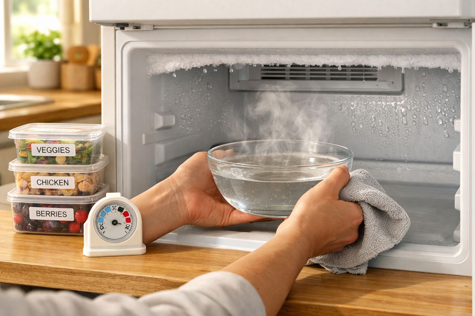 Mãos a colocar taça com água a ferver dentro de congelador para descongelar, com termómetro e recipientes rotulados ao lado.