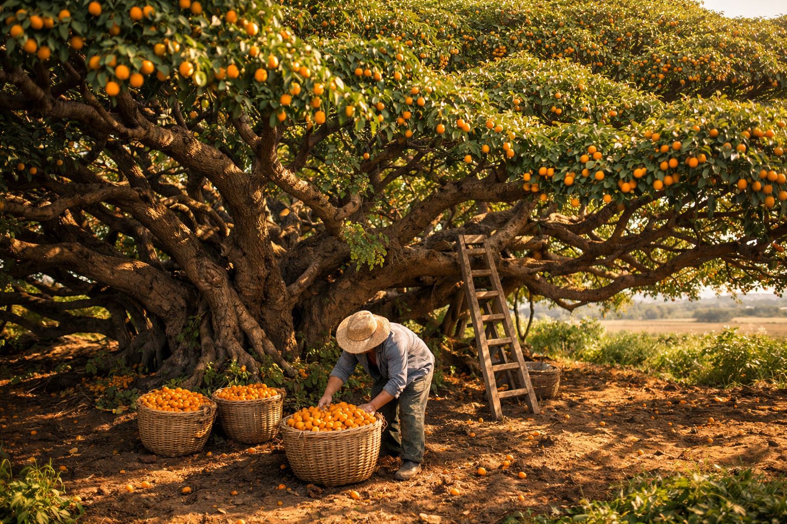 Homem a recolher laranjas em grande árvore, com cestos cheios de fruta e escada de madeira ao lado.