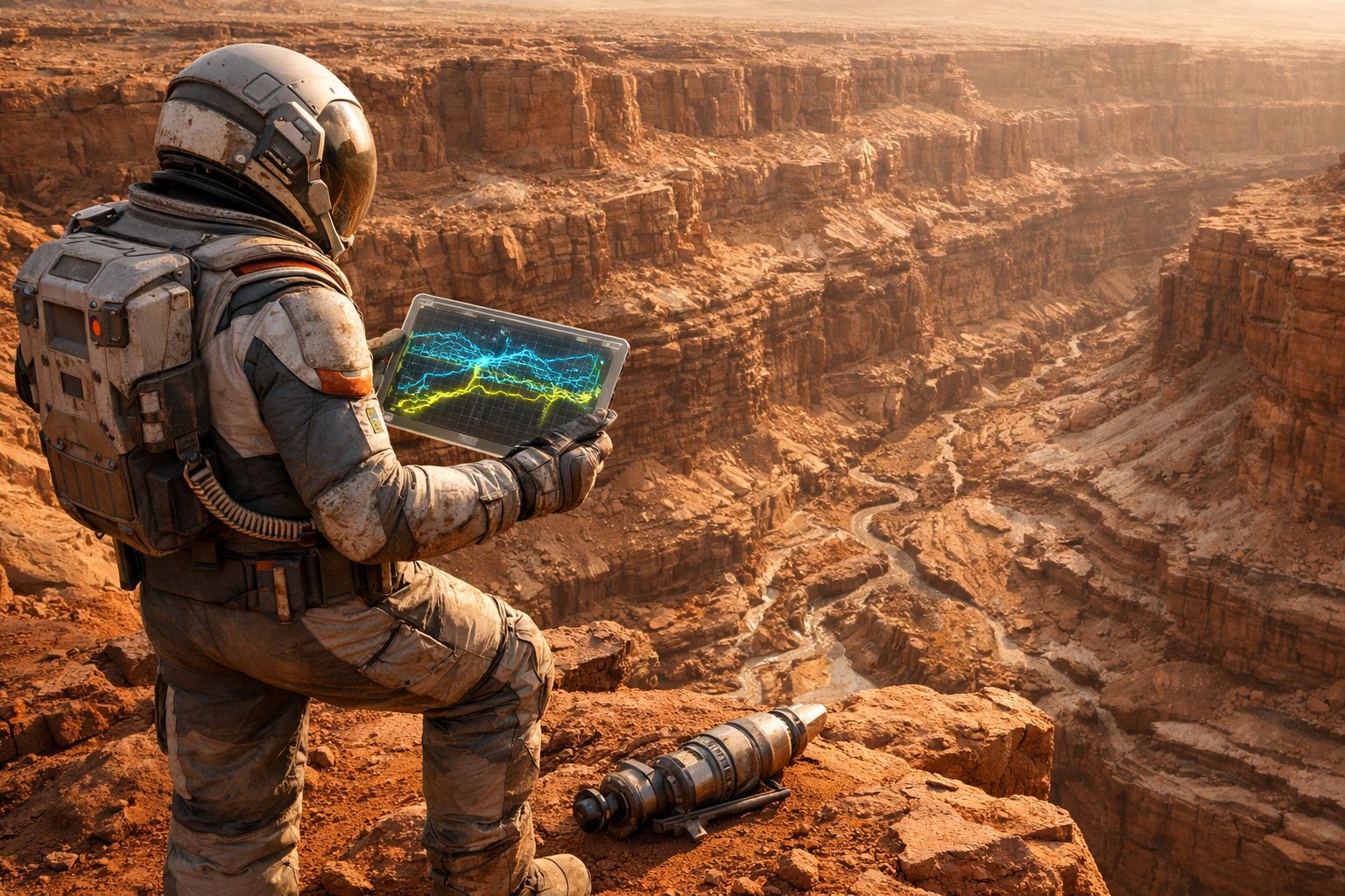 Astronauta em fato espacial observa dados num tablet transparente numa paisagem árida e rochosa estilo canyon.
