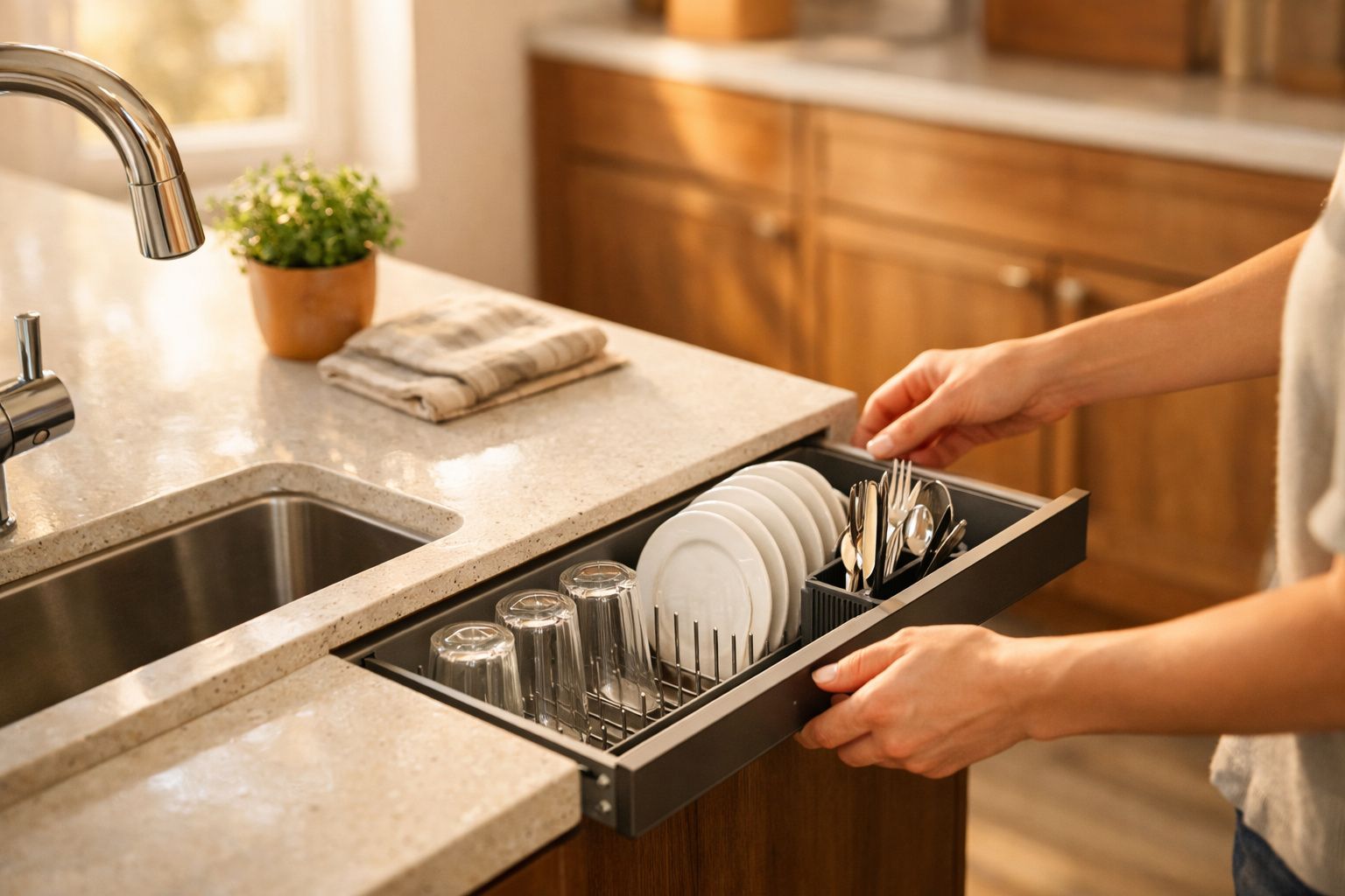 Pessoa a puxar gaveta com pratos, copos e talheres num ambiente de cozinha moderno e iluminado.