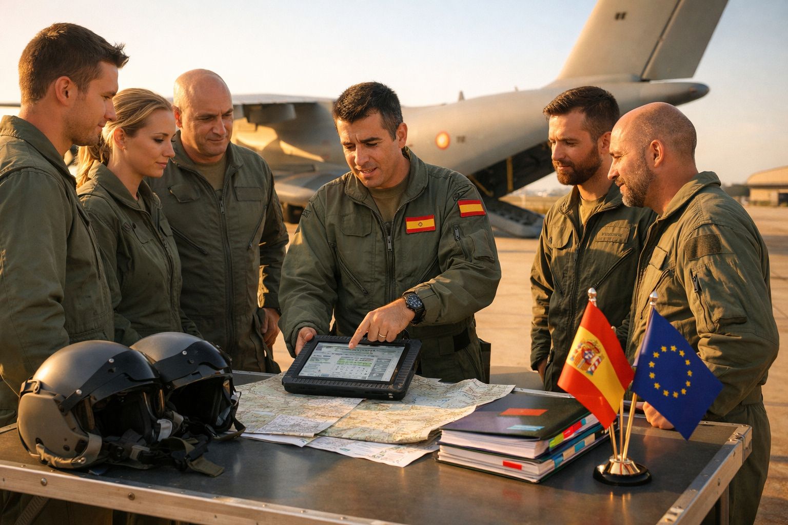 Grupo de militares espanhóis em uniforme a planear uma operação junto a uma aeronave militar.
