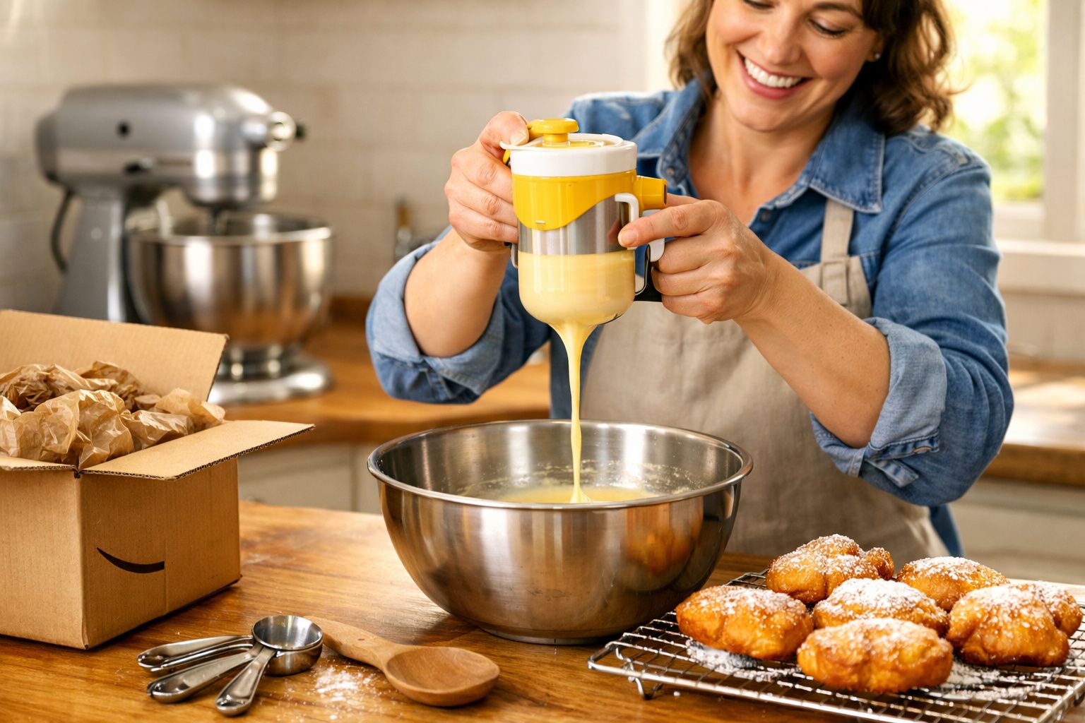 Pessoa a usar separador de gemas elétrico para preparar massa na cozinha, com bolinhos e caixa de papelão ao lado.