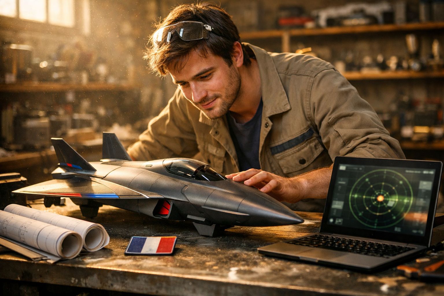 Homem a trabalhar num modelo de avião militar numa oficina com computador e plantas técnicas.