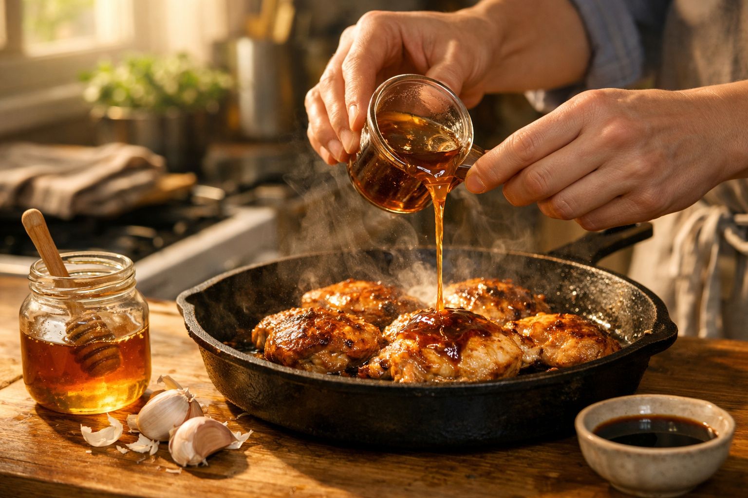 Pessoa a verter mel quente em pedaços de frango dourados numa frigideira preta numa cozinha rústica.