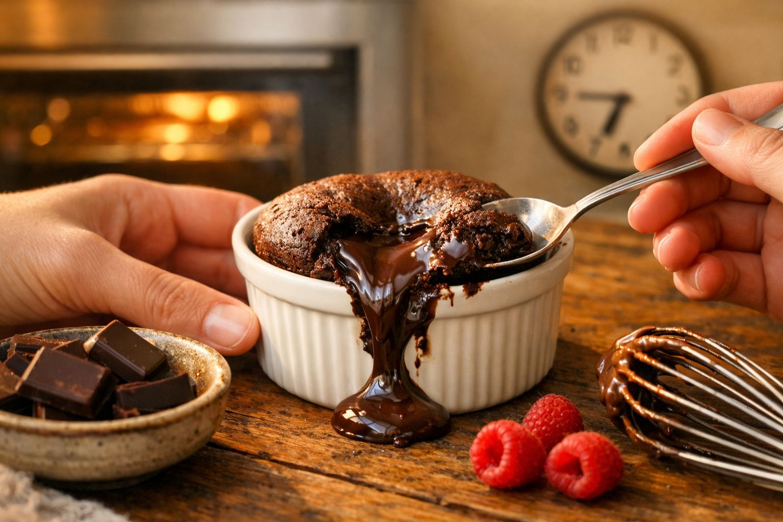 Suflê de chocolate quente com interior cremoso servido em ramequim branco, rodeado por framboesas e chocolate.