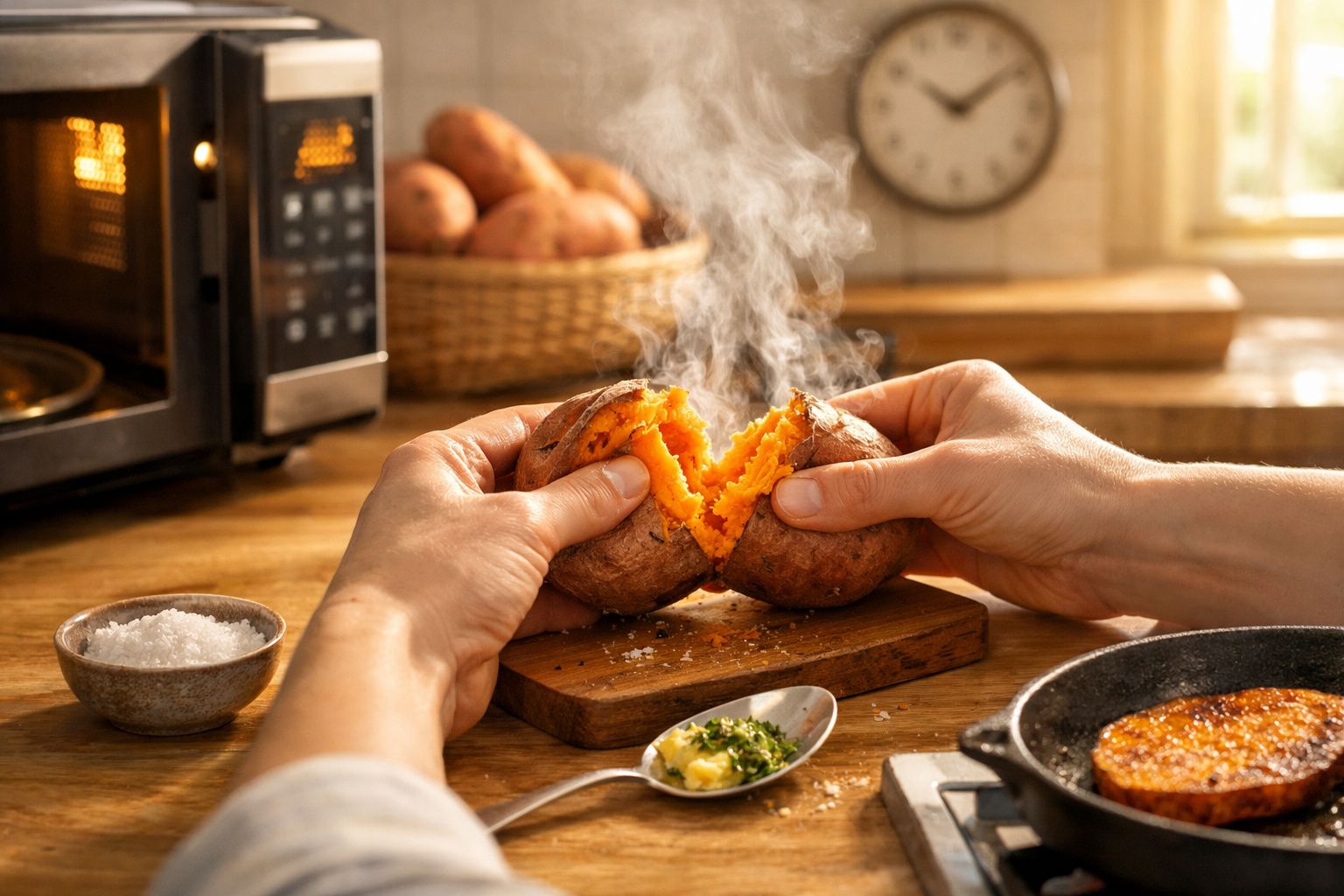 Mãos a abrir uma batata-doce quente a vapor sobre uma tábua de madeira numa cozinha iluminada.
