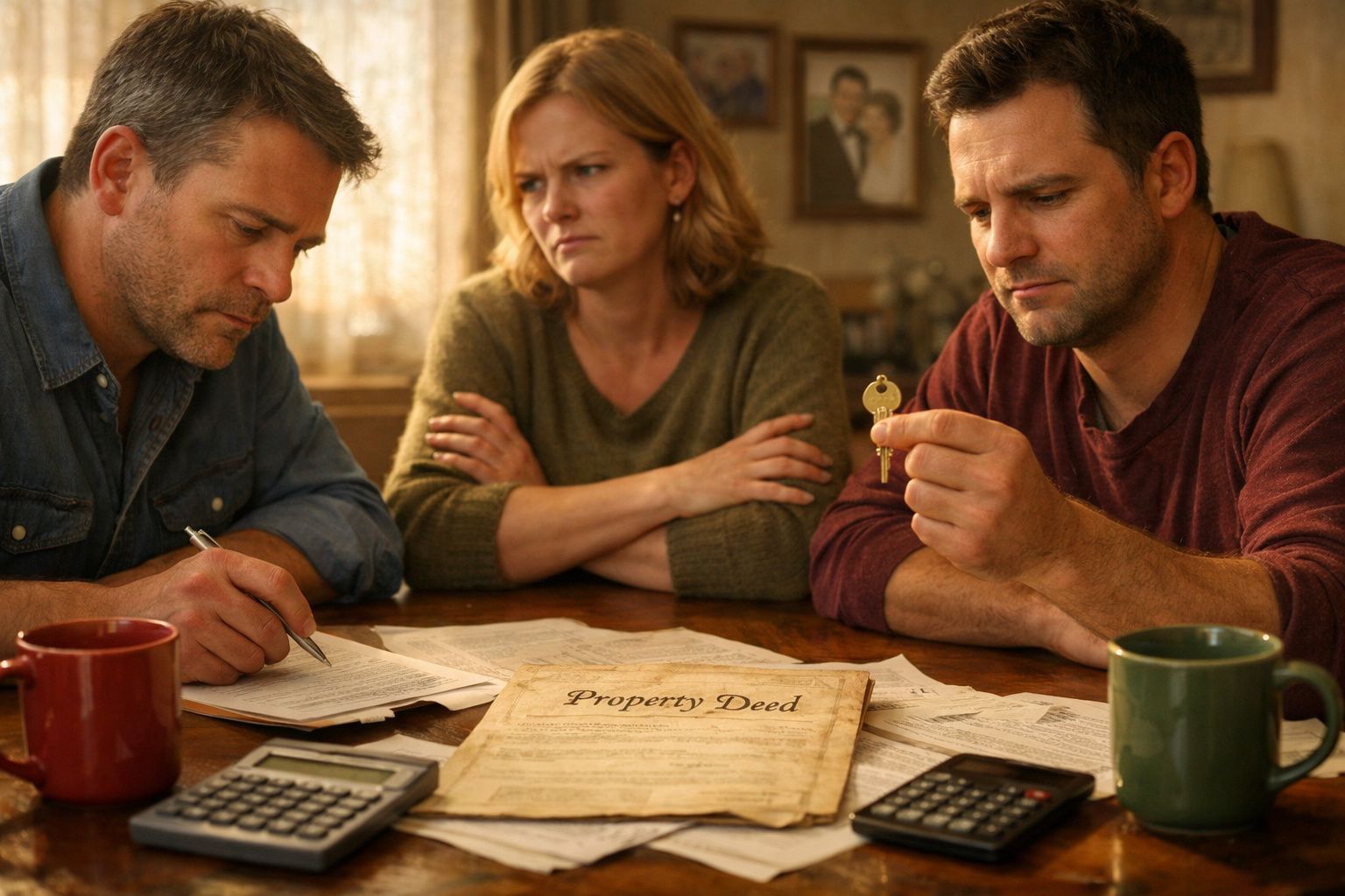 Três adultos à mesa a discutir documentos de propriedade, com calculadoras e canecas à sua frente.