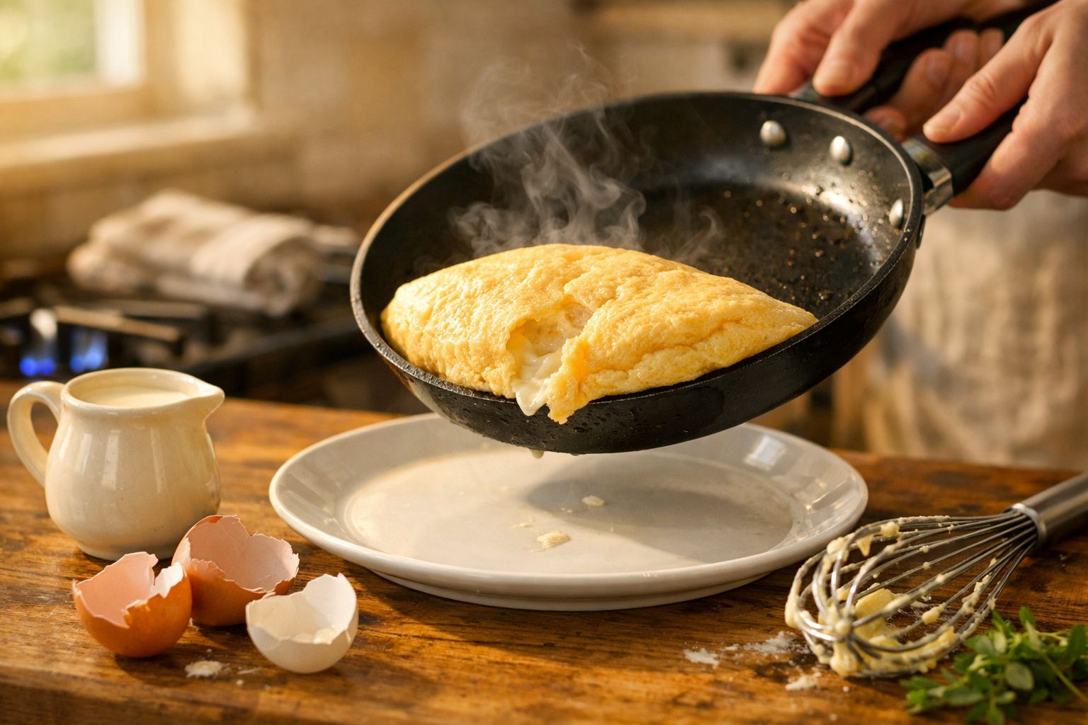 Omelete quente saindo da frigideira para um prato branco, com cascas de ovo e jarro na mesa.