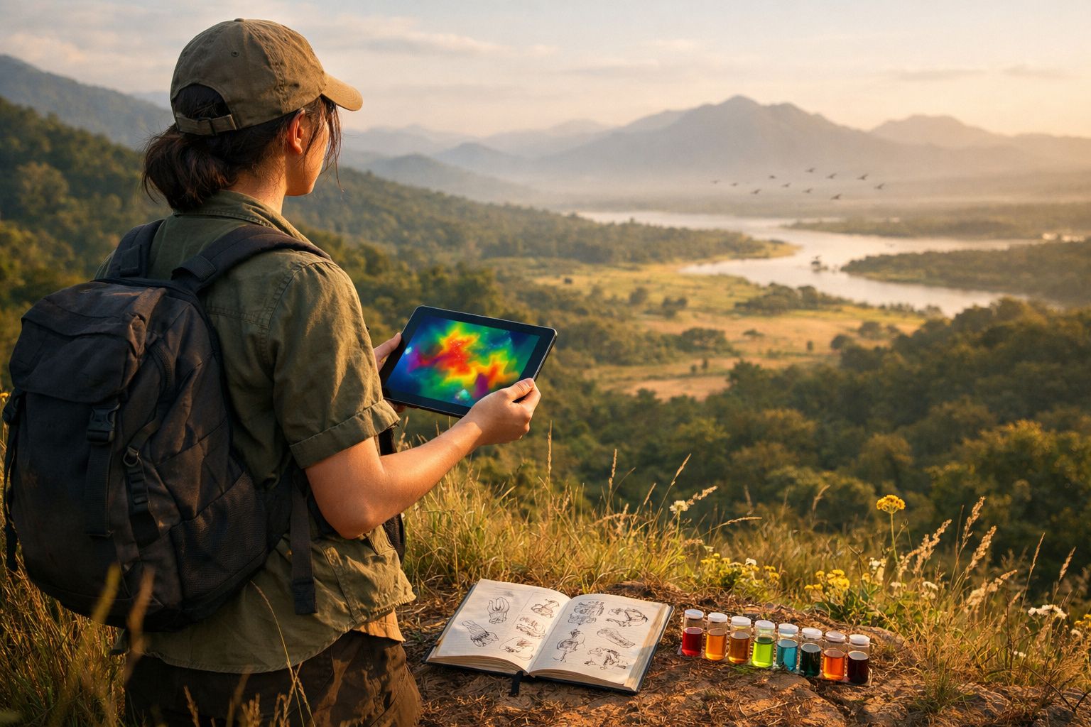 Mulher com mochila observa mapa térmico num tablet, rodeada de natureza com livros e frascos coloridos à frente.