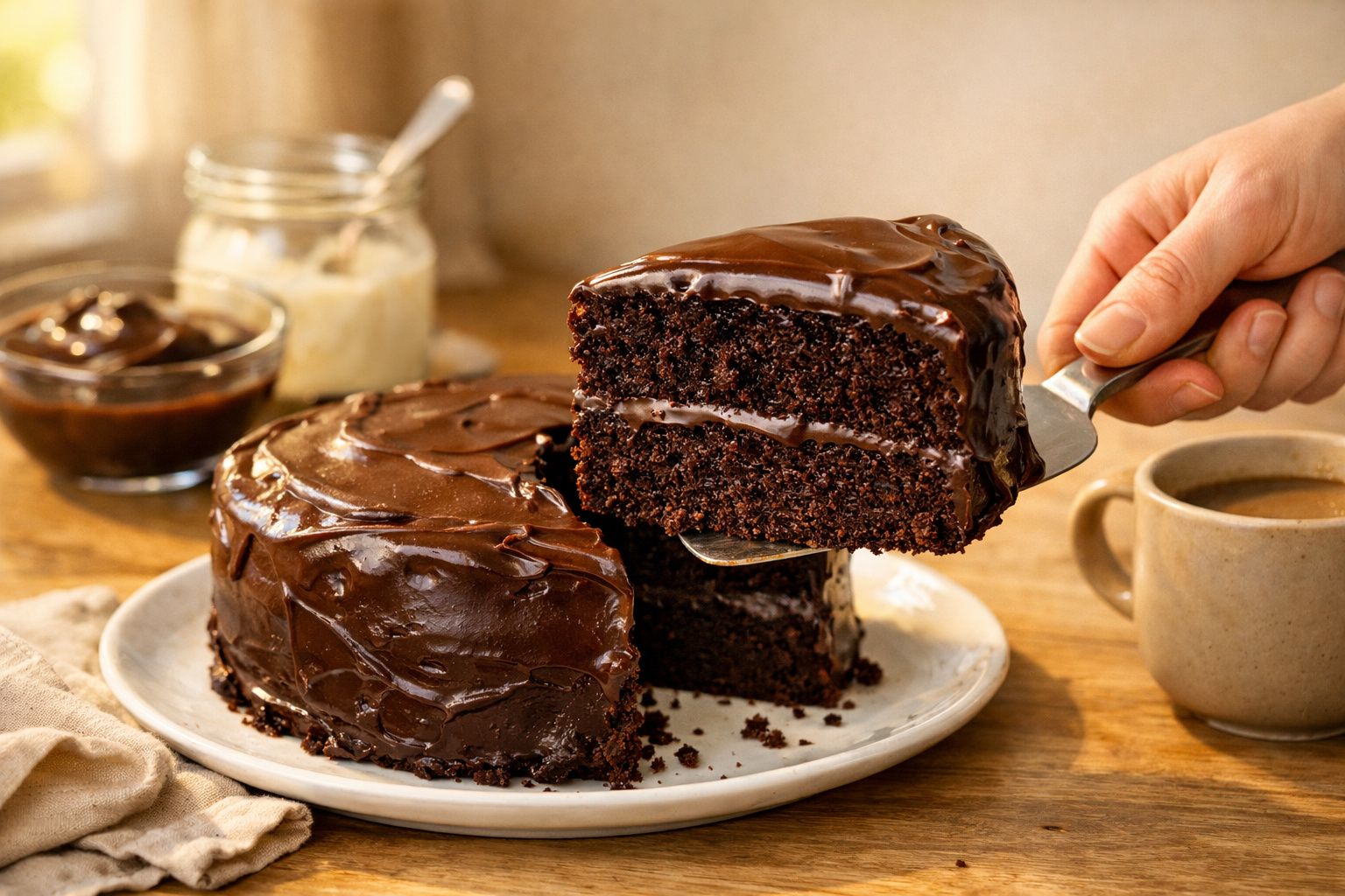 Bolo de chocolate húmido com cobertura cremosa a ser servido numa fatia com uma espátula.