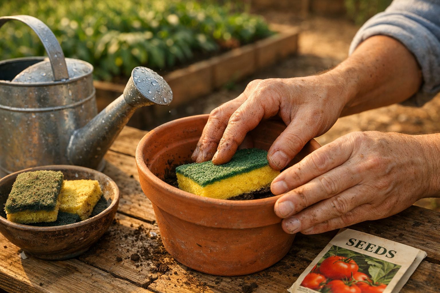 Mãos a plantar uma esponja verde e amarela num vaso de barro com terra, regador e sementes ao lado.