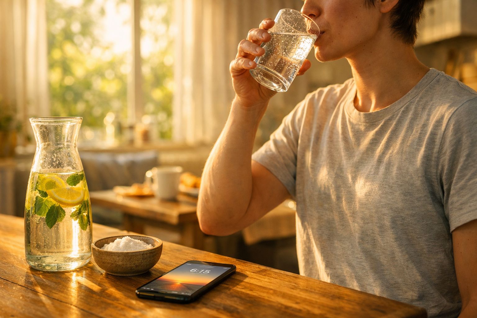 Pessoa a beber água com limão e hortelã numa jarra, com telemóvel e tigela de sal sobre a mesa de madeira.