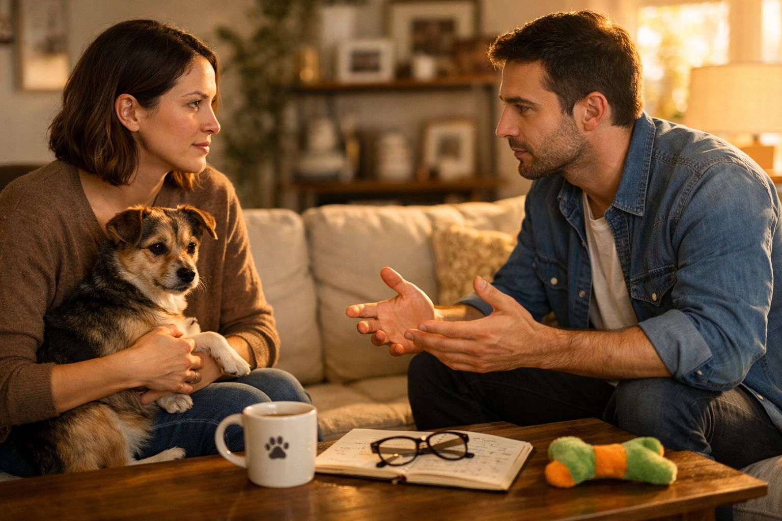 Casal sentado no sofá a conversar, mulher segura um cão pequeno e há brinquedos e caneca na mesa.