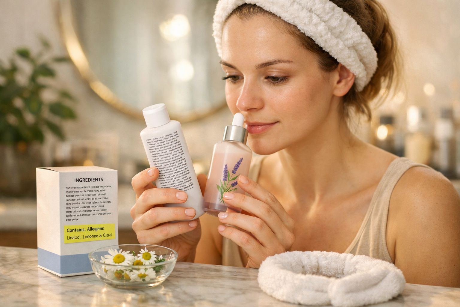 Mulher com faixa de cabelo segura frascos de cosmético e olha cuidadosamente no espelho do banheiro.