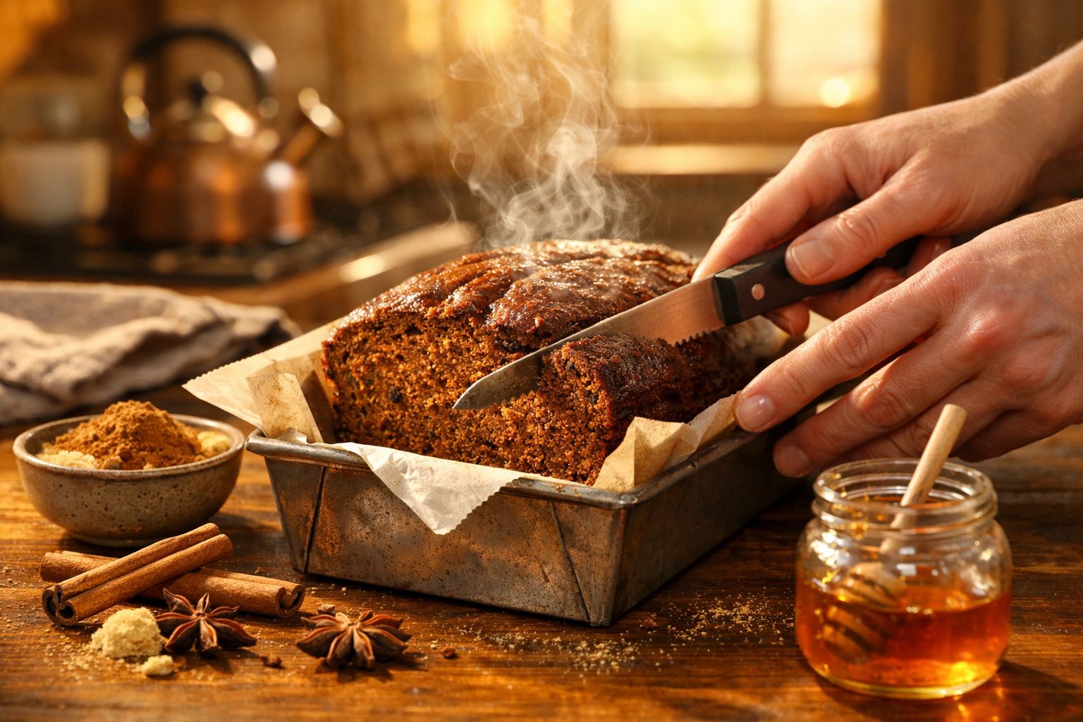 Pão de especiarias quente a ser cortado, com frascos de mel e especiarias à volta numa mesa de madeira.