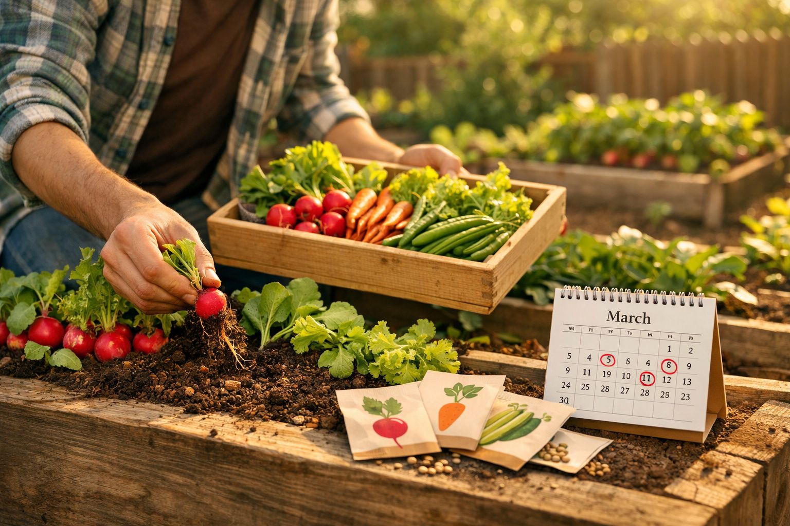 Pessoa colhe rabanetes num canteiro com legumes numa caixa, pacotes de sementes e calendário marcado em março.
