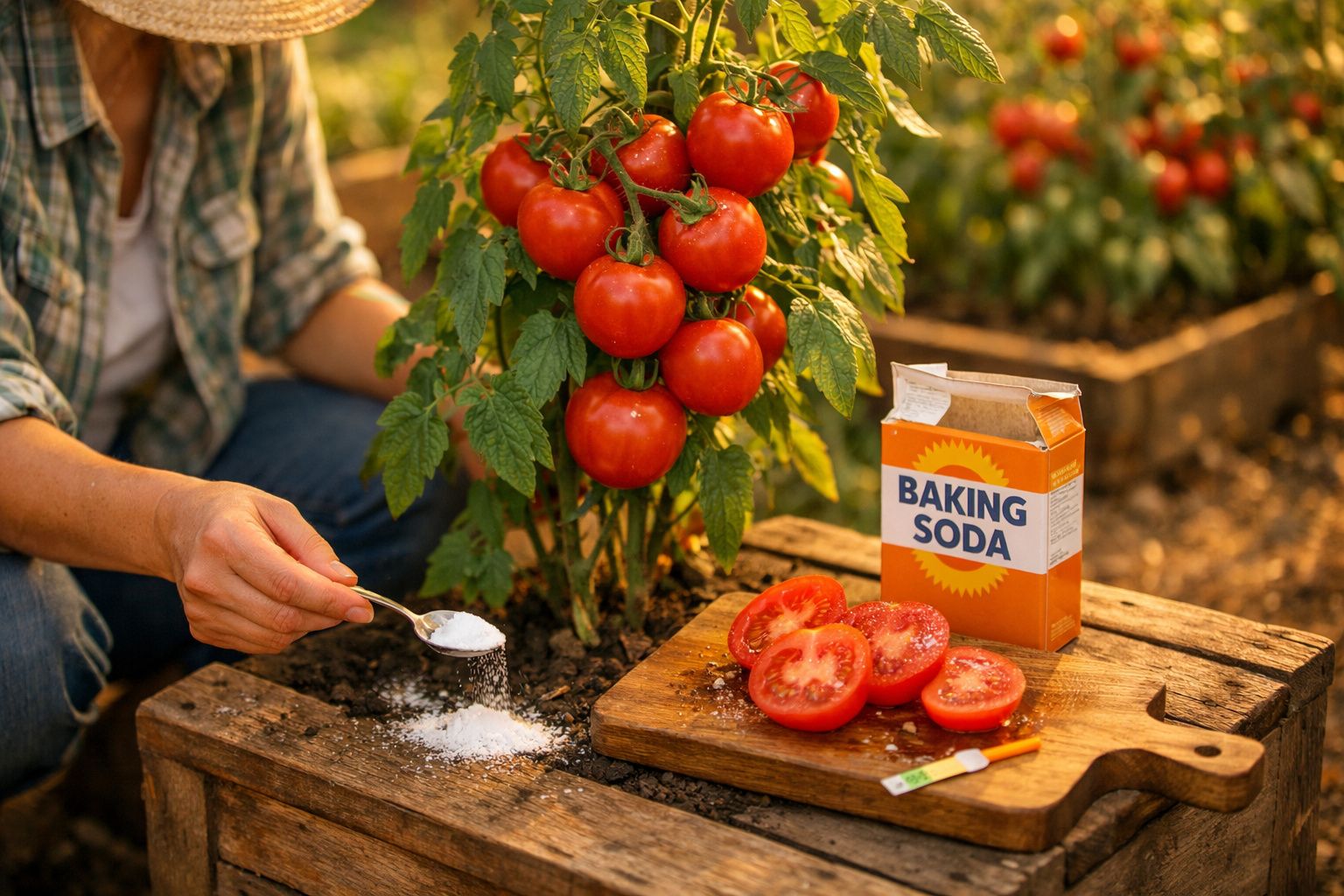 Pessoa a polvilhar bicarbonato de sódio junto a pés de tomateiros com tomate maduro cortado numa tábua.