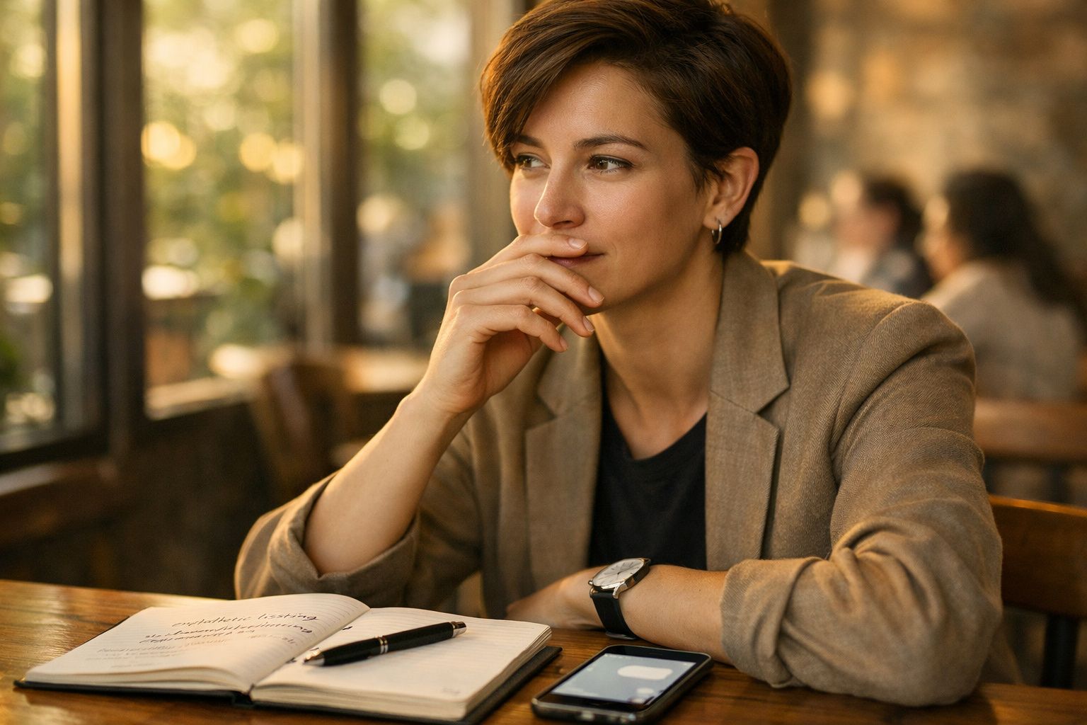 Mulher pensativa com casaco castanho sentada numa mesa com caderno, caneta e telemóvel.