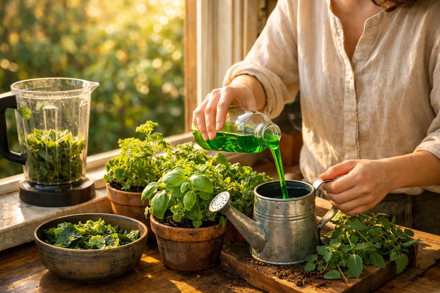 Pessoa a verter fertilizante verde em regador entre vasos de ervas aromáticas junto a liquidificador.