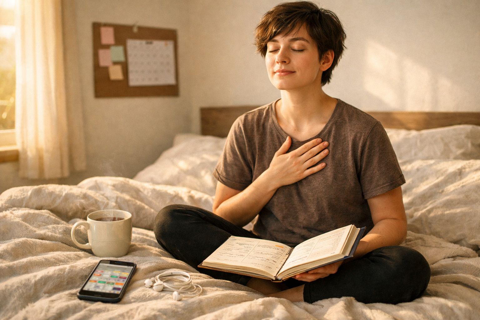 Pessoa sentada na cama com um livro aberto, mão no peito e expressão de tranquilidade, ao lado de chá e telemóvel.