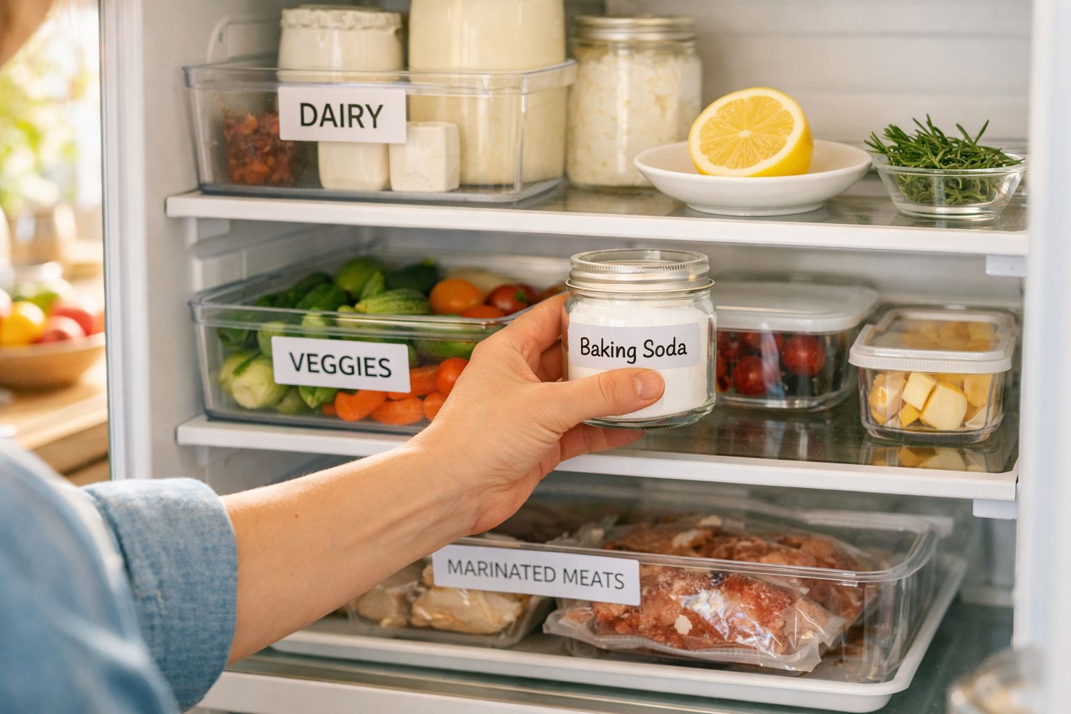 Mão a guardar frasco de bicarbonato num frigorífico organizado com legumes, laticínios, carnes marinadas e frutas.