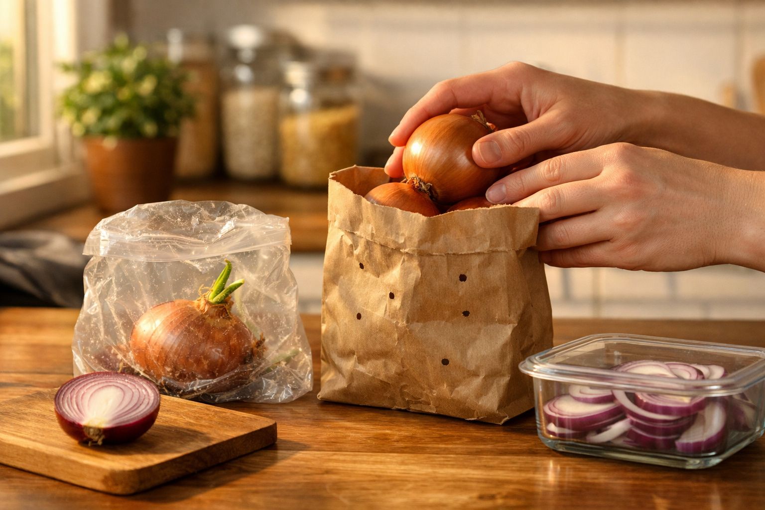Mãos a guardar cebolas em saco de papel na cozinha, com cebola cortada e recipiente ao lado.