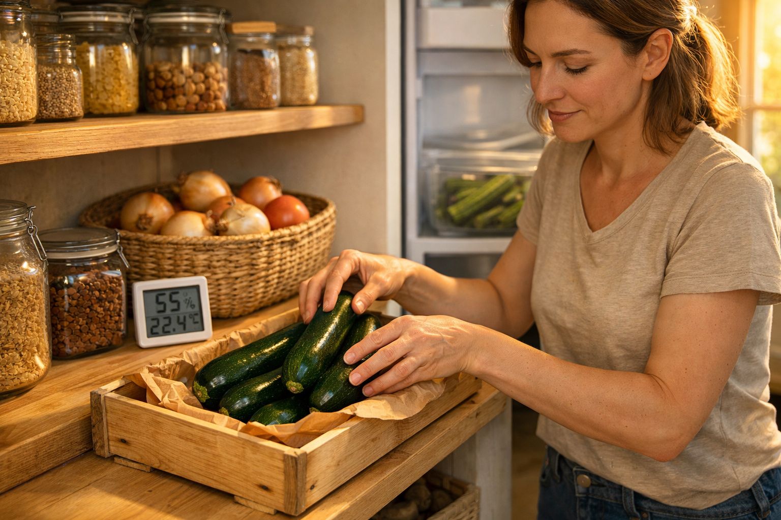 Mulher a guardar courgettes numa caixa de madeira numa despensa organizada e iluminada naturalmente.