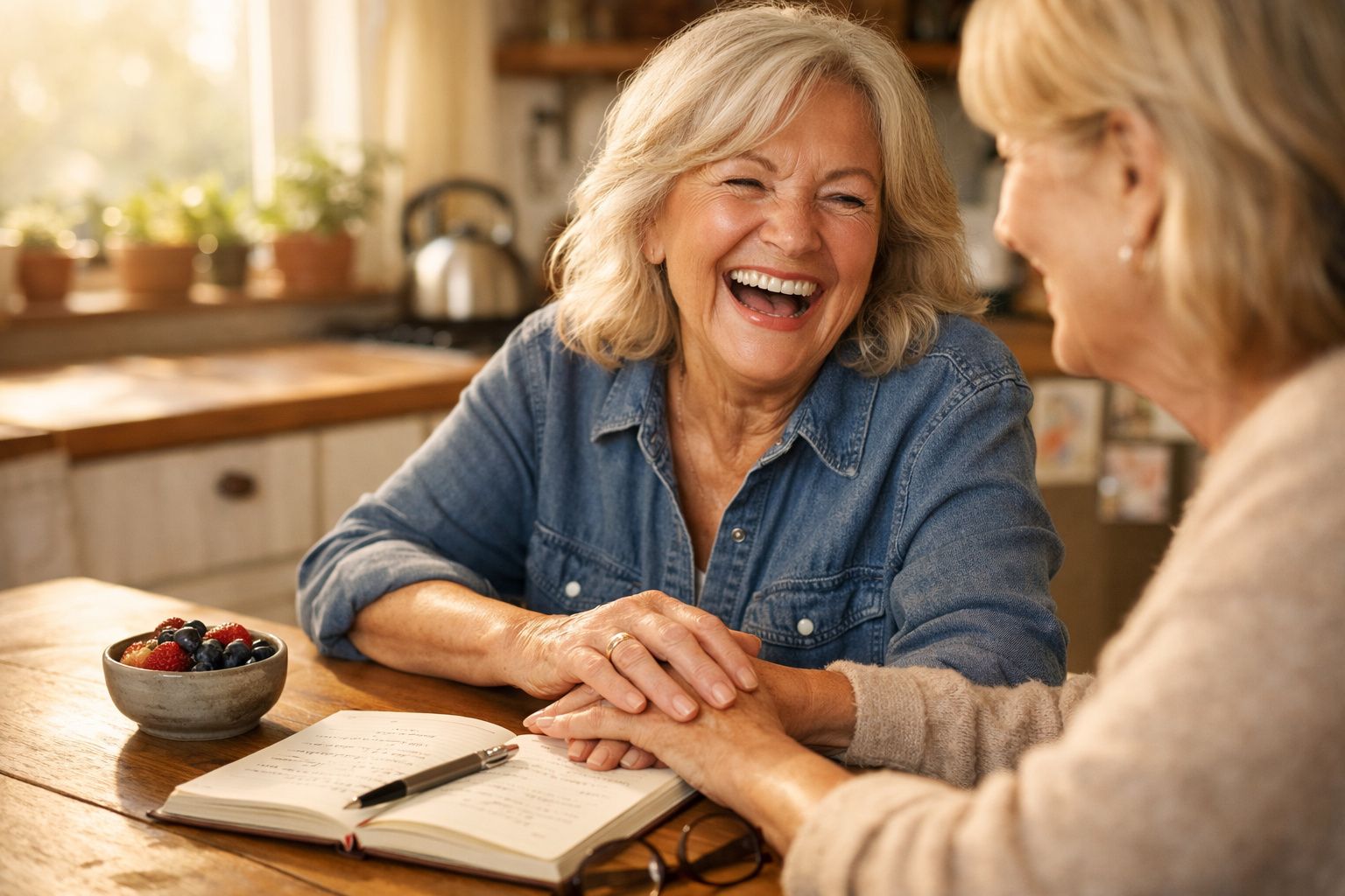 Duas mulheres maduras a sorrir e a conversar, uma segurando a mão da outra numa cozinha acolhedora.