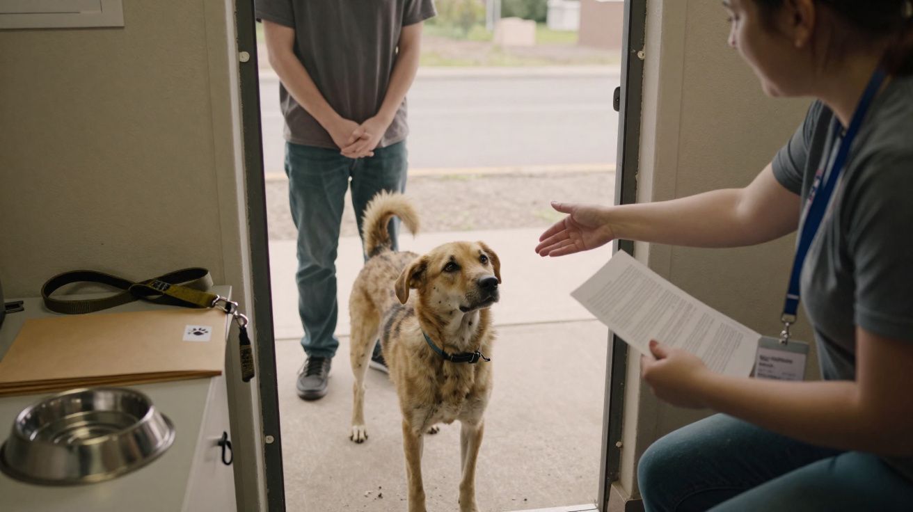 Cão de visita na porta acompanhado por homem, enquanto mulher ao interior estende a mão para o animal.