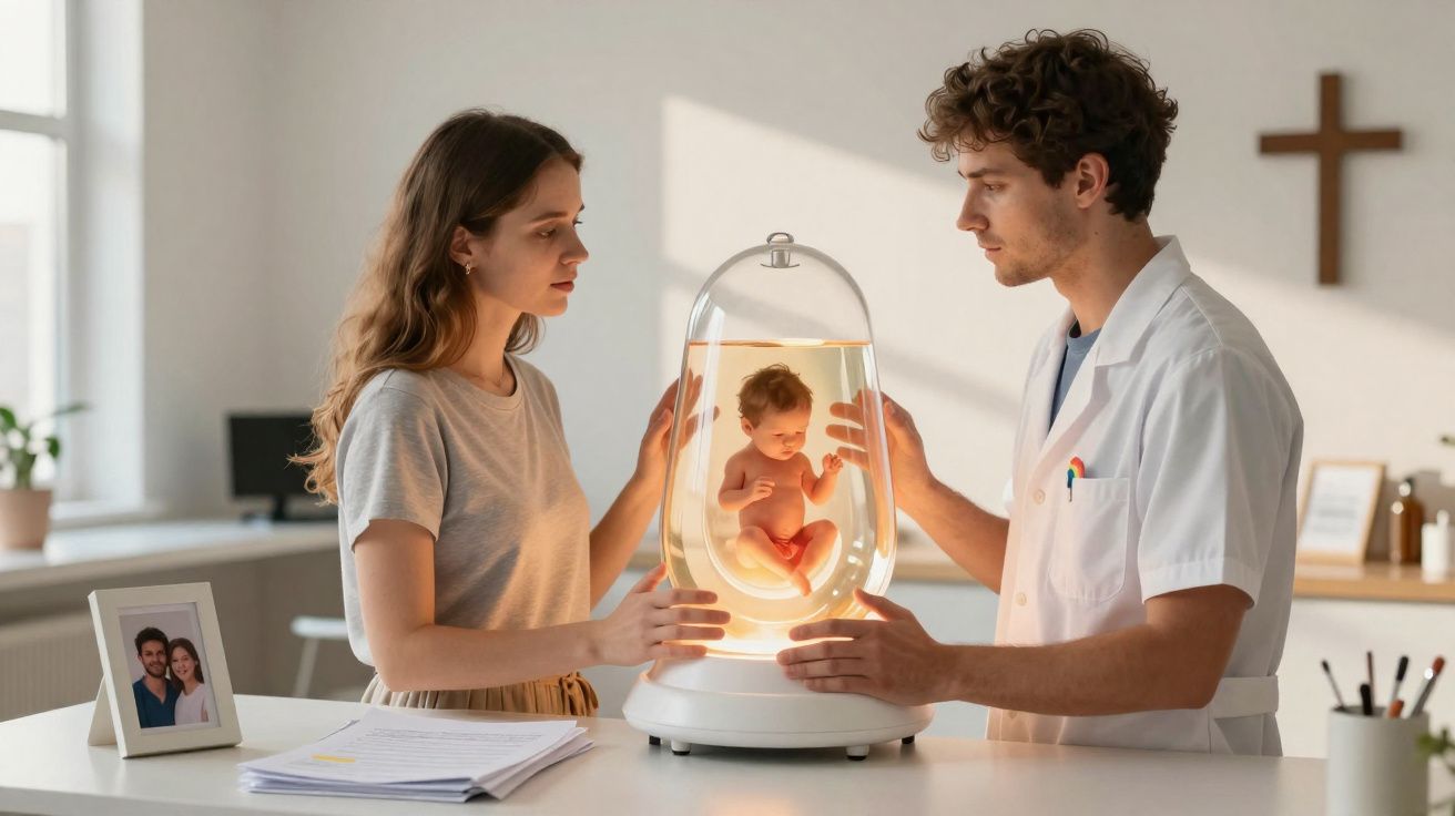 Homem e mulher observam bebé num tanque futurista de incubação numa sala iluminada.