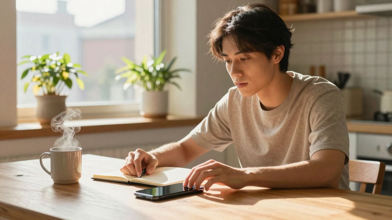 Jovem sentado à mesa em cozinha luminosa, a escrever num caderno com chá quente ao lado.