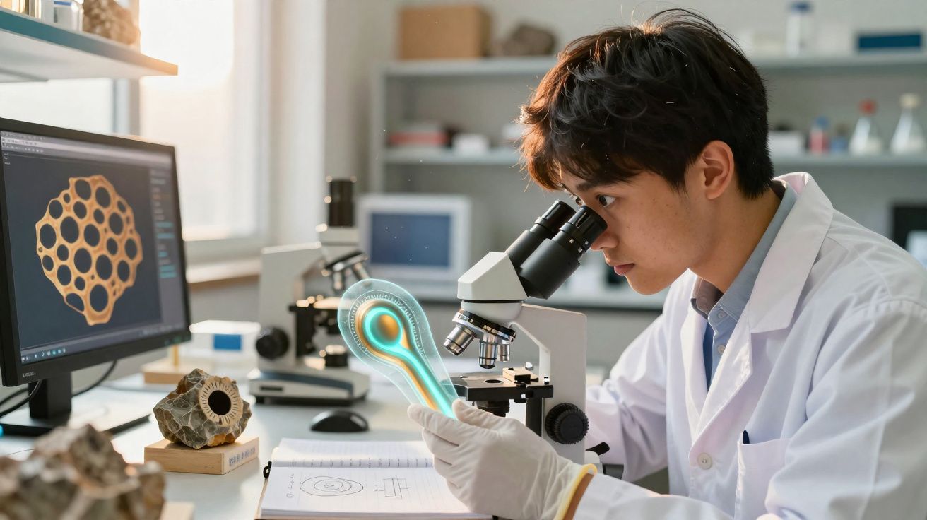 Cientista em laboratório analisa amostra com microscópio e examina imagem digital de célula na tela do computador.