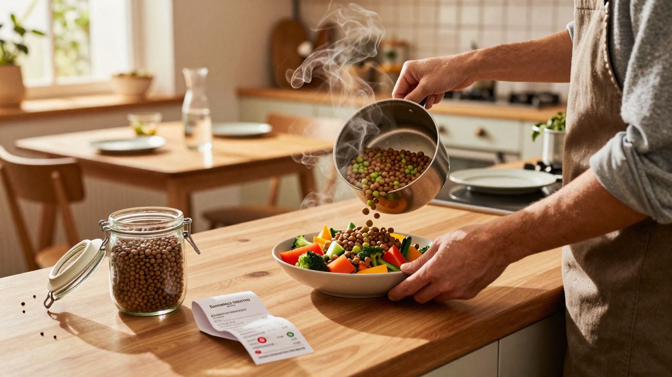 Pessoa a servir lentilhas quentes numa taça de legumes numa cozinha luminosa.