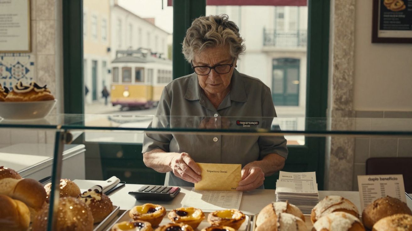 Mulher idosa a trabalhar numa pastelaria, atendendo clientes e rodeada de pães e doces tradicionais.