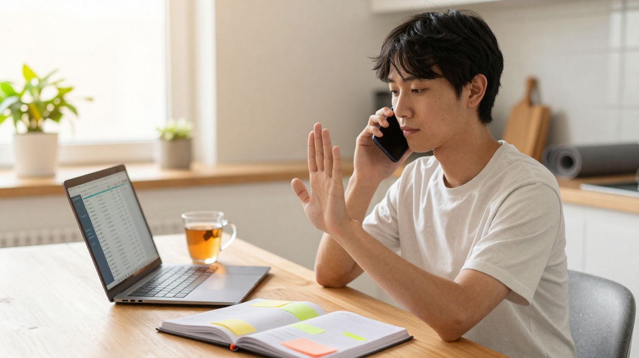 Jovem em teletrabalho na cozinha, falando ao telefone e gesticulando com a mão elevada.
