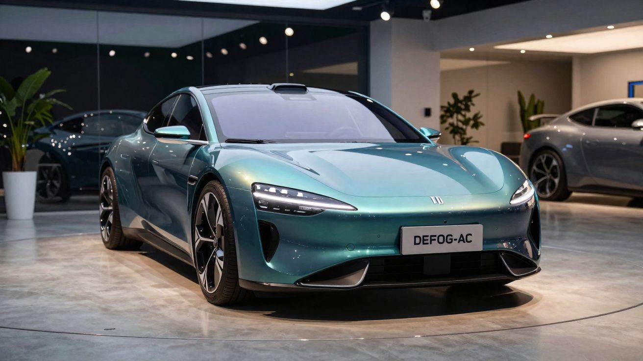 Carro elétrico desportivo verde metálico exposto num showroom moderno com paredes espelhadas.