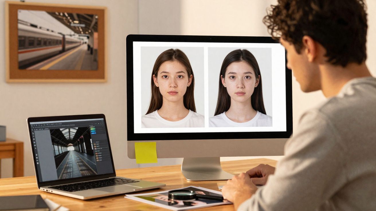 Homem sentado à secretária com dois computadores, um mostrando duas fotos semelhantes de uma mulher jovem.