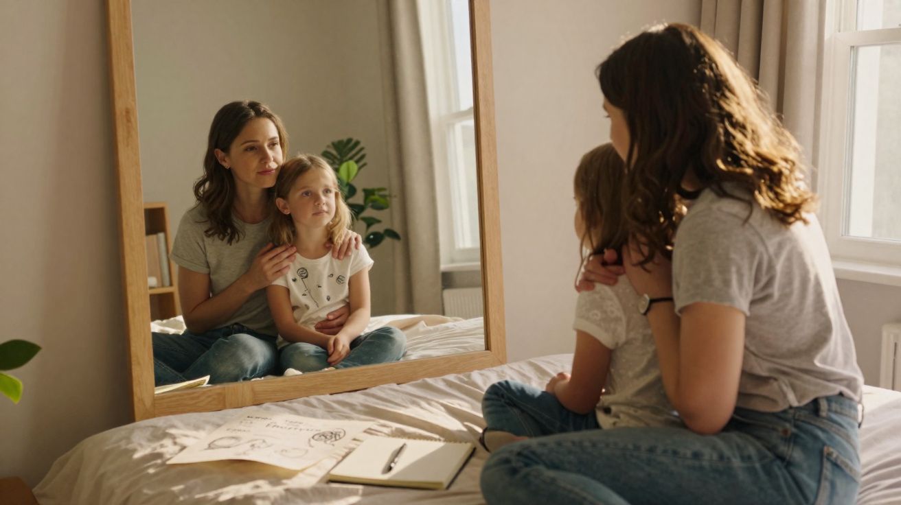 Mãe e filha sentadas na cama, abraçadas e olhando para um espelho grande numa quinta-feira luminosa.
