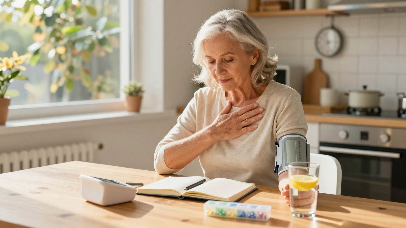 Mulher idosa a medir pressão arterial em casa com medicamentos e copo de água na mesa.