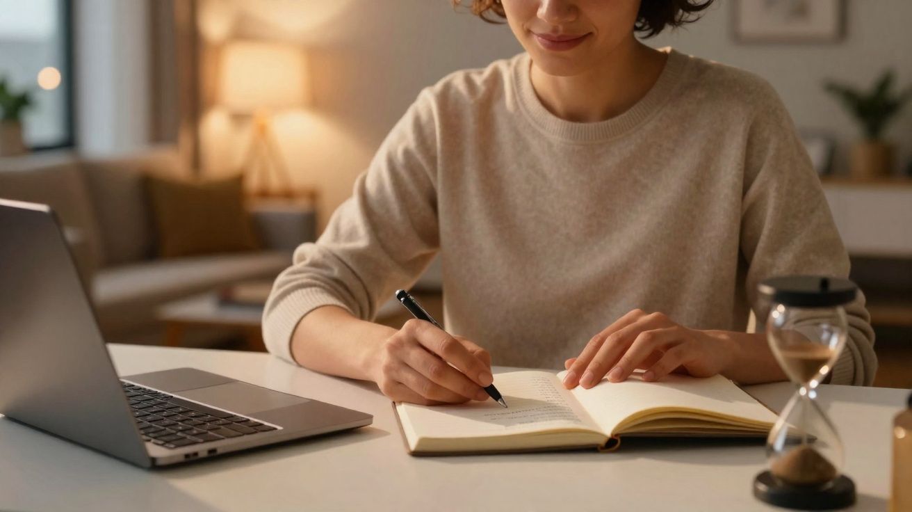 Pessoa sentada a escrever num caderno, com computador portátil aberto e ampulheta na secretária, em ambiente acolhedor.