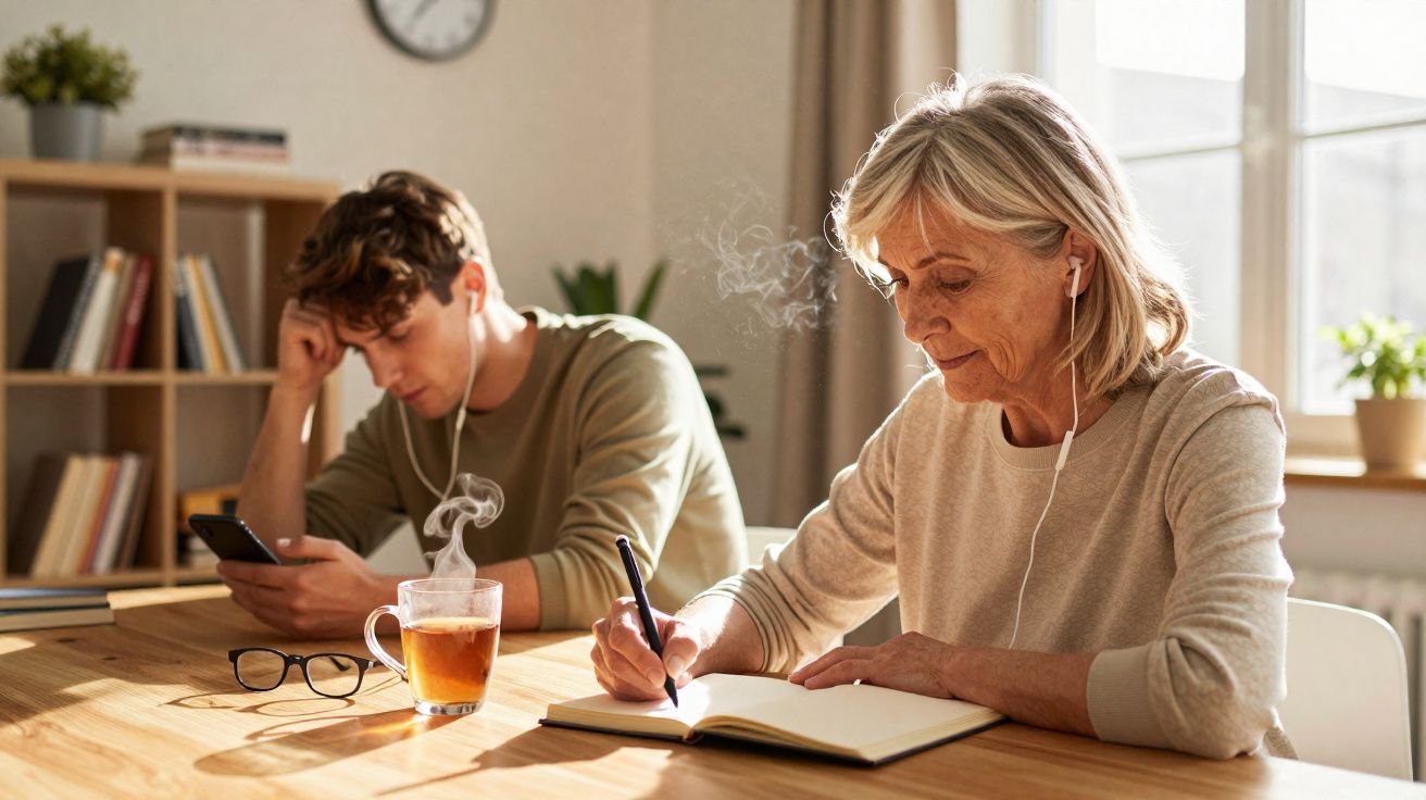 Mulher mais velha escreve num caderno e jovem usa telemóvel, ambos com auscultadores sentados à mesa.